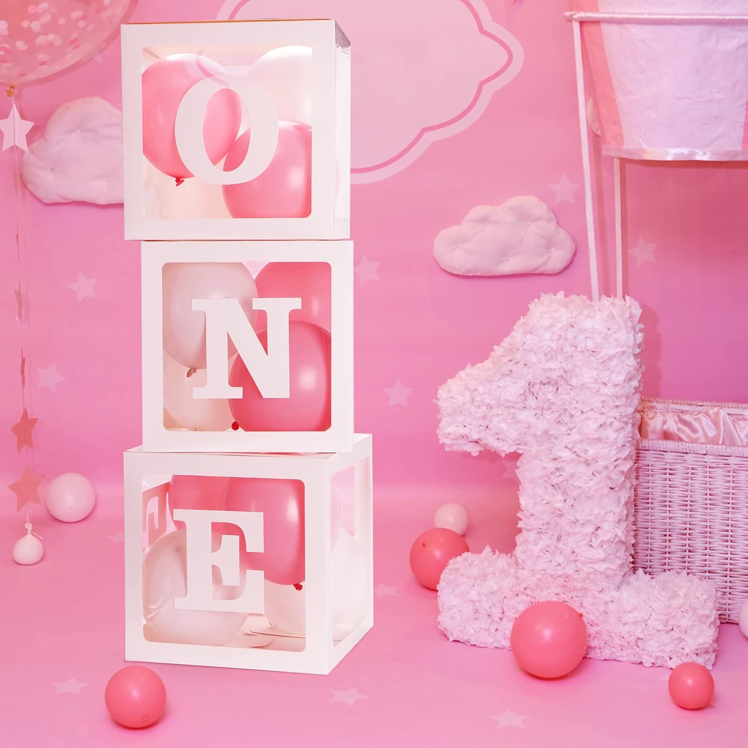 Voircoloria 1st Birthday Decorations for Boys - 3-Piece Photo Prop Boxes with Letters (White)