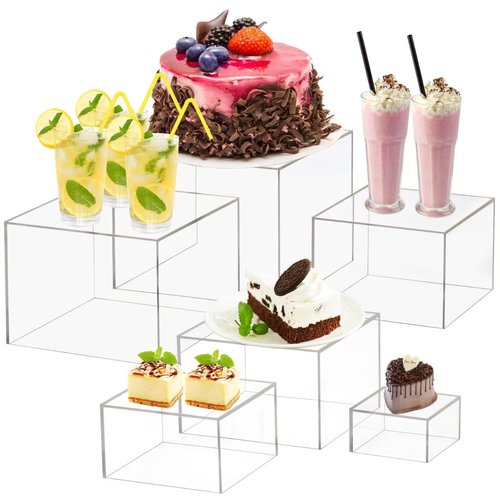 HTRYBNES 6 Pcs Buffet Risers and Stands, Clear Food Risers for Buffet Table, Acrylic Risers Display Stands for Wedding Party, Food Display, Collectibles(8" 7" 6" 5.5" 4.5" 3")