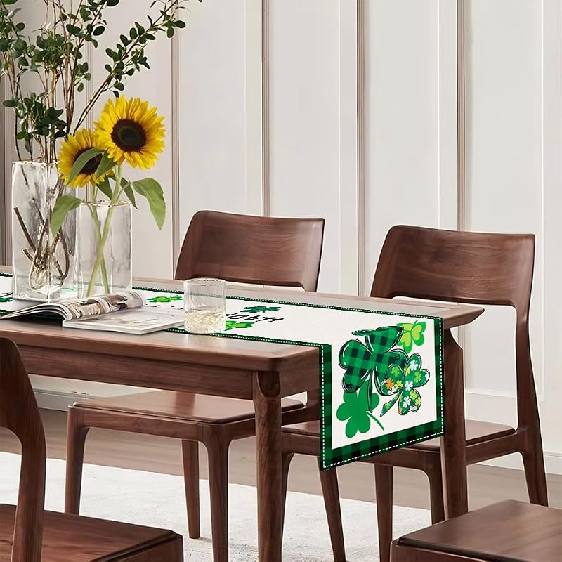 St. Patrick's Day Table Runner - 72x13 Inch Shamrock Linen Decor