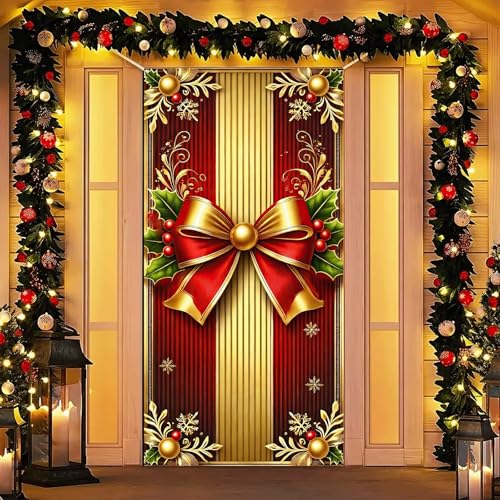 Christmas Door Cover Red Gold Gift Box Seasonal Decor - 35x71 Inch - Variation of Christmas Gift Box