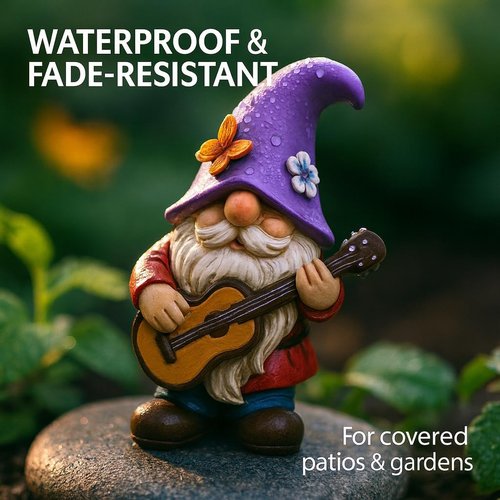 GoGnome Musical Gnome Figurine - Handcrafted 6.2" Tall Resin Garden Decoration with Guitar & Purple Hat