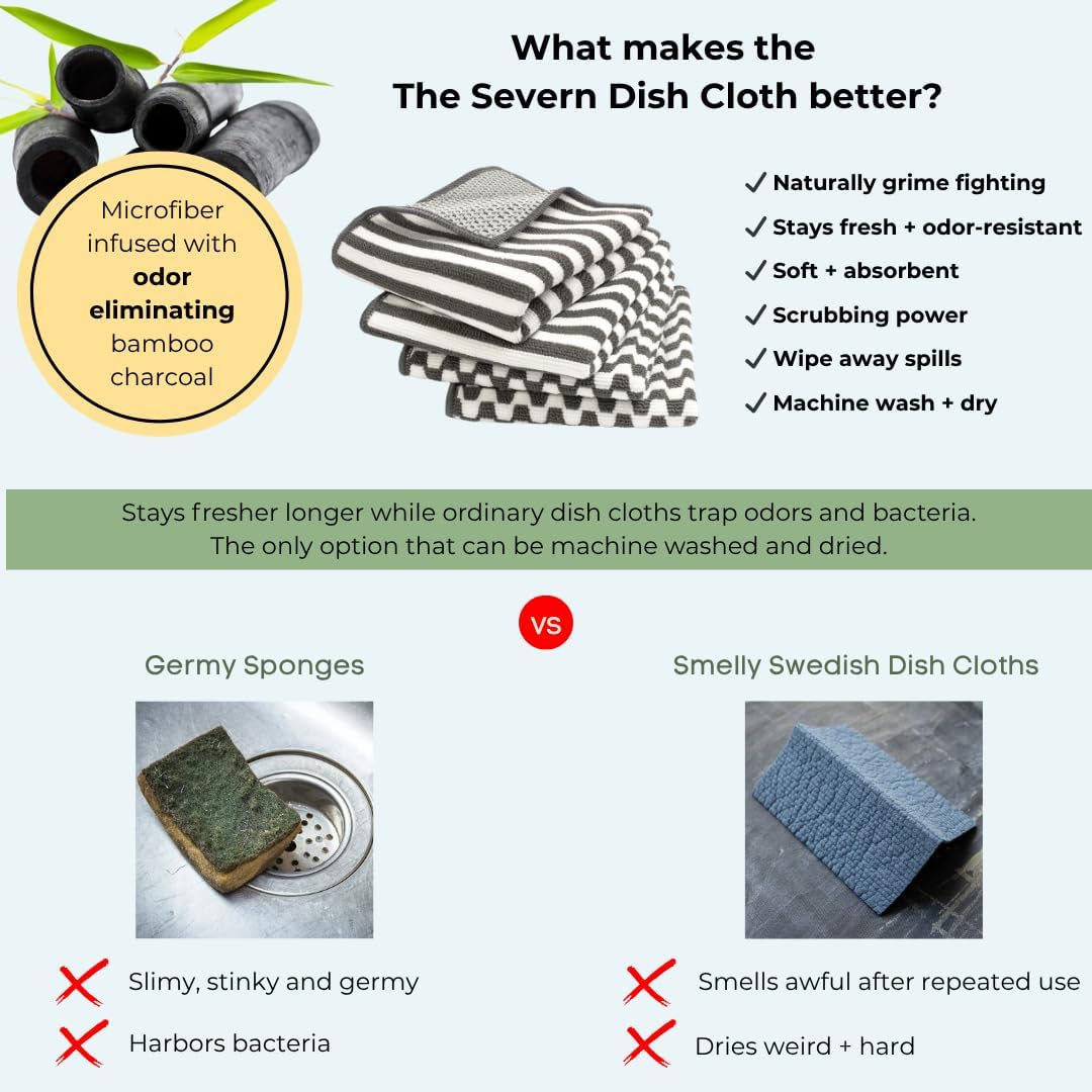 Severn Dish Cloths - Odor-Resistant 4-Pack Kitchen Cleaning Rags with Non-Scratch Scrubber | Bamboo-Charcoal Microfiber