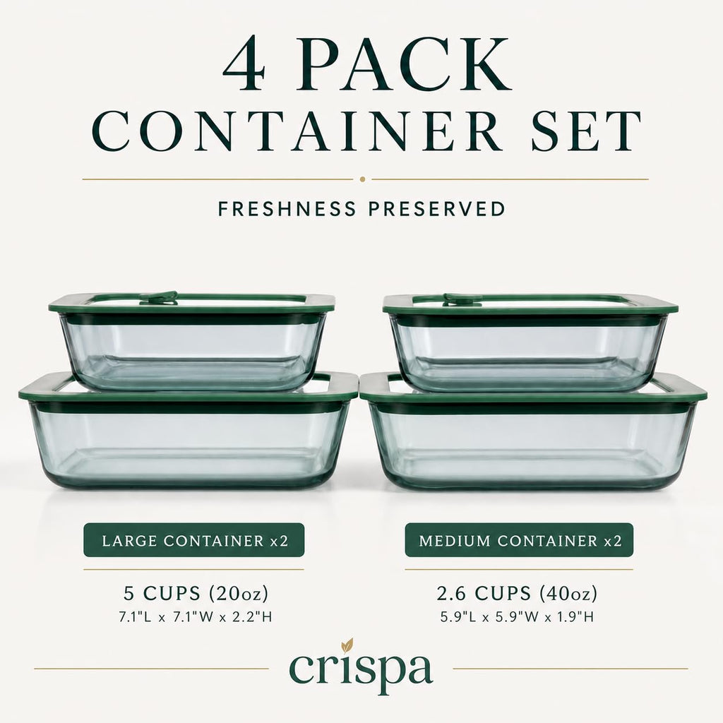Crispa 8-Piece Teal Glass Food Storage Containers with Silicone Framed Glass Lids – 100% Plastic-Free Lunch Box Meal Prep Set (2x 40oz, 2x 20oz) – Leakproof Airtight Borosilicate for Freezer to Oven