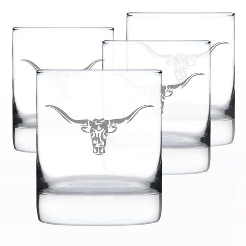Bevvee Longhorn - Whiskey Rocks Glass - Set of 4 - Western Themed Farm Decor and Gifts for Texan Ranchers - 10.25 Ounce
