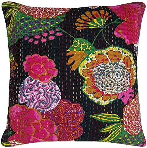 Handmade Black Cotton Kantha Cushion Cover - 16x16 Inches