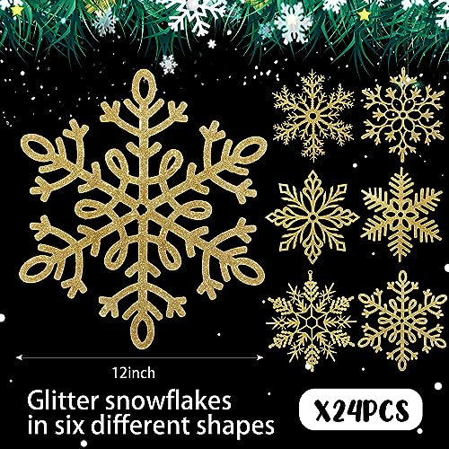 Gold Glitter Snowflake Ornaments Set - 24 Large 12" Plastic Winter Christmas Decorations