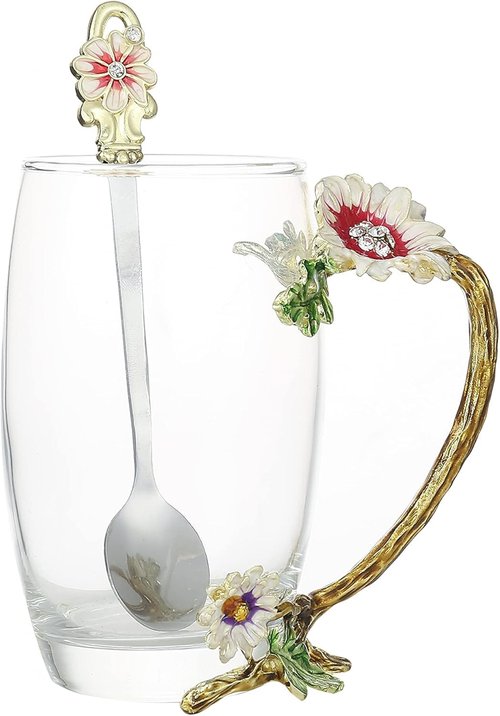 FDINF Tea Cup Gifts for Mom Women Mothers Day Glass Coffee Enamels Mug Birthday Butterfly Rose Gifts for Her Valentines Day Christmas Tea Cup with Spoon