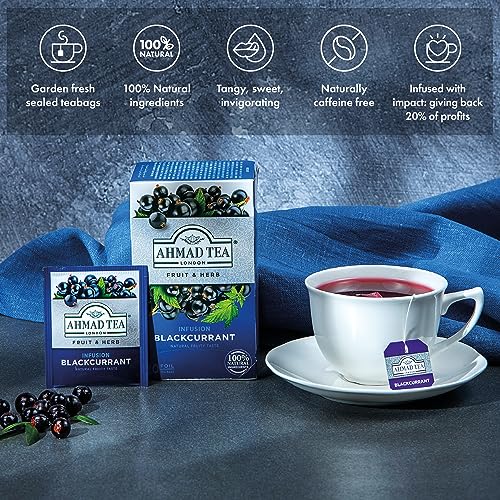 Ahmad Tea Blackcurrant Herbal Infusion Tea, Decaffeinated, 20 Tea Bags