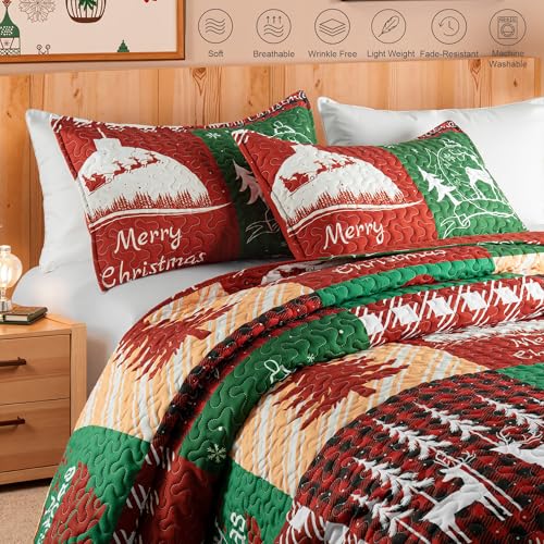Happy Christmas California King Size Quilt Set - Extra Soft Floral Bedspread