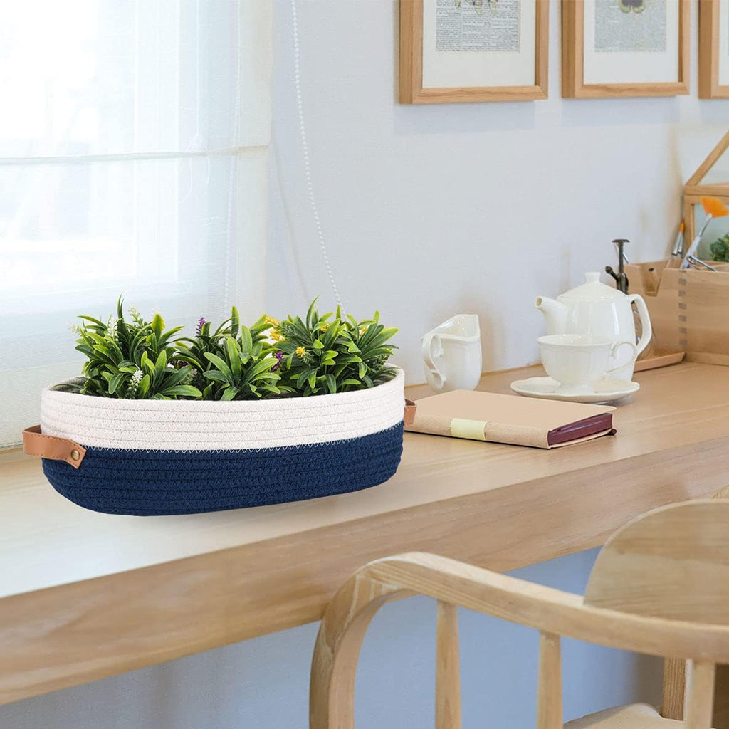 Skiennix Woven Toilet Storage Basket - Farmhouse Decor for Organizing | 13"x5.9"x4" Navy Stitching