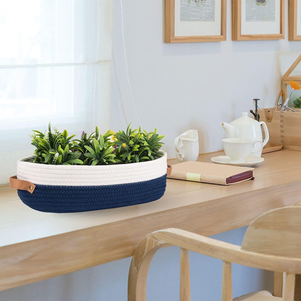 Skiennix Woven Toilet Storage Basket - Farmhouse Decor for Organizing | 13"x5.9"x4" Navy Stitching