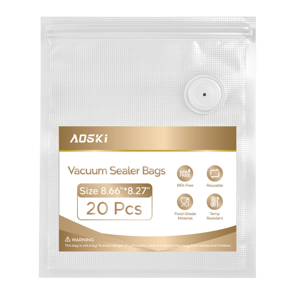 Reusable Vacuum Sealer Bags for Food: 20Pcs (8.66 * 8.27in) BPA-Free Vacuum Seal Bags with Air Valve & 5 Seal Clips, Plastic Food Storage Bags, Microwaveable Zipper Bags for Kitchen Save Meal Prep