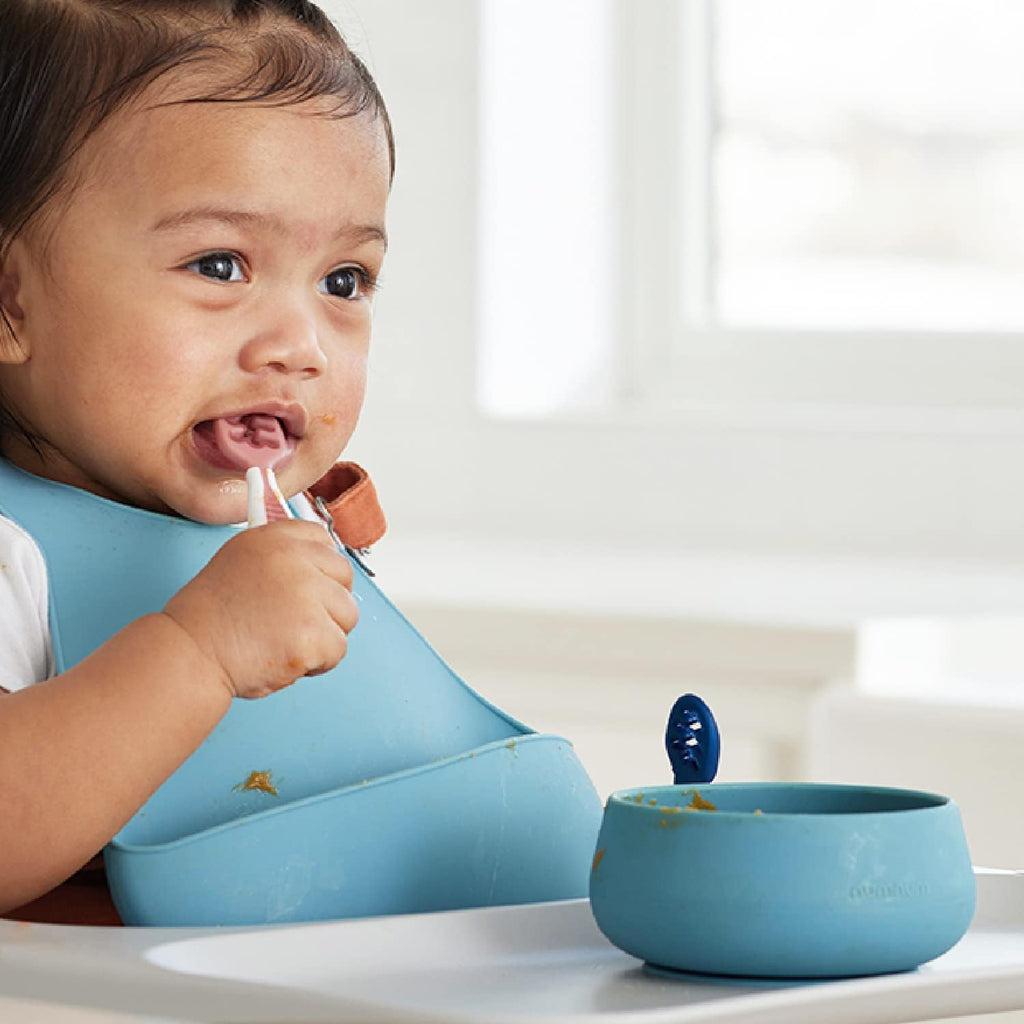 NumNum Baby Bowl Set - 2 Pack GOOtensils Baby Spoons with Extra Strong Non-Slip Suction | 100% Food-Grade Silicone, BPA-Free, Microwave & Dishwasher Safe (Green/Blue)