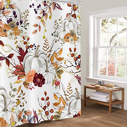 Gold Leaf Pumpkin Shower Curtain - 72x72 Inch Fall Thanksgiving Decor