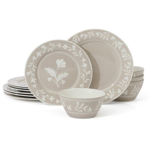 Martha Stewart Maiden Crown 12-Piece Taupe Dinnerware Set – New Bone China Ceramic Plates & Bowls – Floral Design – Service for 4 – Dishwasher & Microwave Safe