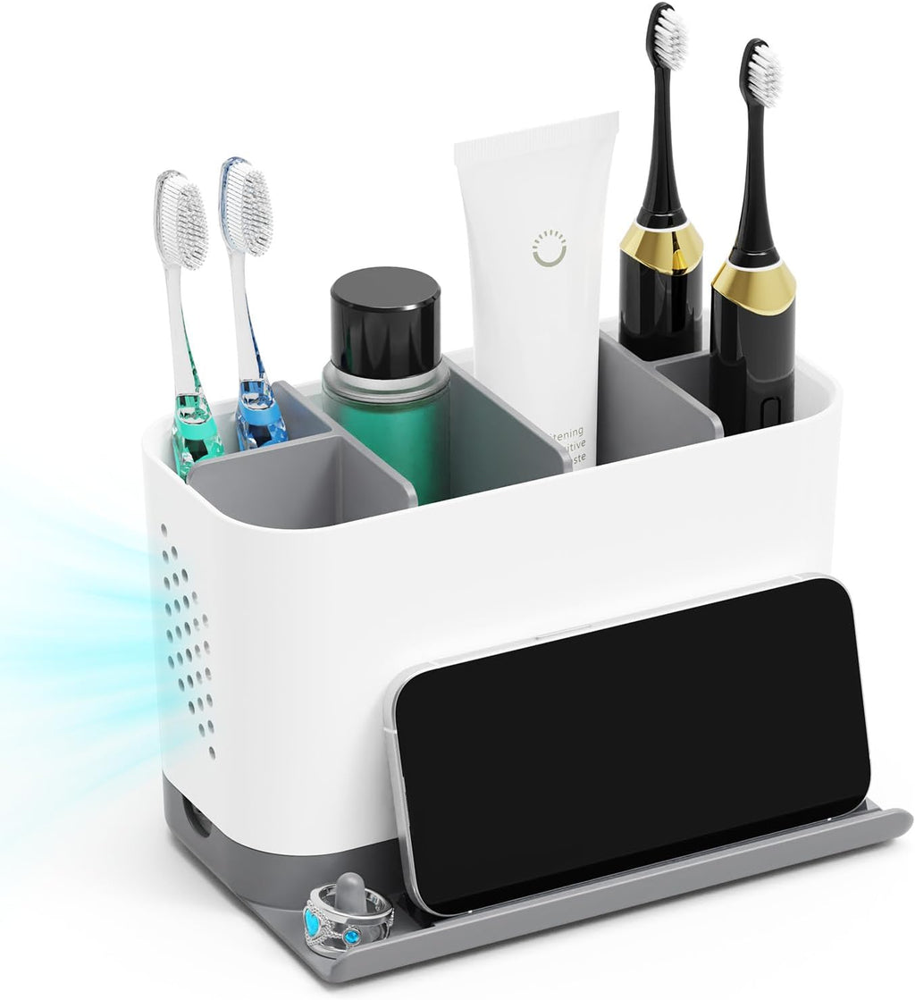 Skiennix Adjustable 6-Slot Toothbrush Holder - Cord-Friendly Bathroom Organizer with Phone Ledge