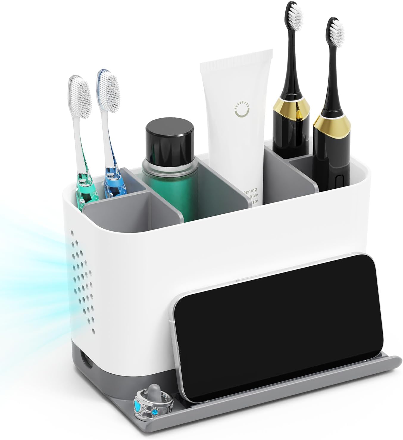 Skiennix Adjustable 6-Slot Toothbrush Holder - Cord-Friendly Bathroom Organizer with Phone Ledge