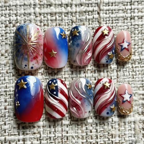 4th of July Press on Nails Short Square American Flag Star Fake Nails