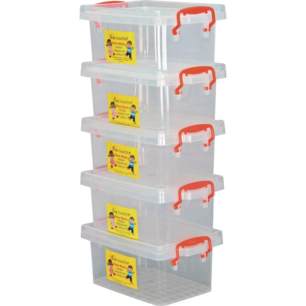 Really Good Stuff Small Clear Plastic Stackable Storage Tubs with Locking Lid – Red Handles Lock Lid in Place – Hold Supplies, Manipulatives and More in Classroom or Home, 8”x4”x5” (Set of 5)