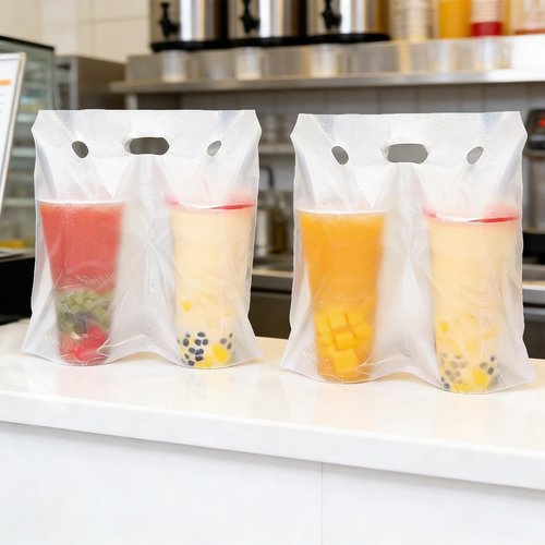 Whaline 1500 Count Handle Drink Bag 2 Cups Clear Plastic Packaging Poly Bag Carriers for Delivery Take Out Cup Holder Beverage Coffee Juice Mike Tea Supplies