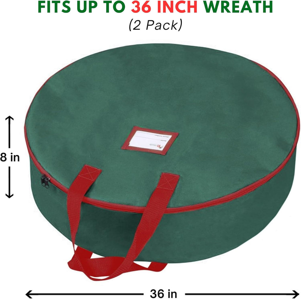 Primode Christmas Wreath Storage Bag - 36" Artificial Wreath Container - Durable Oxford with Sturdy Handles & Inner Straps - 2 Pack, Green