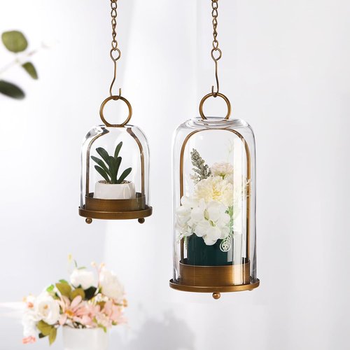 **Skiennix Metal Candle Holder Set - Versatile Brass Design with Handmade Glass Dome | 5" & 4" Sizes**