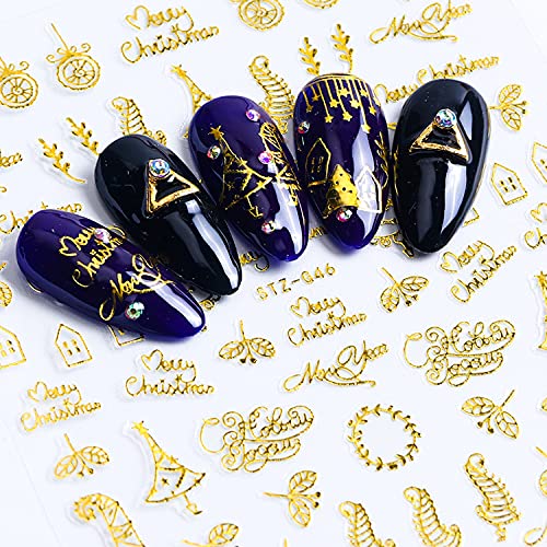 Vezocim Gold Christmas Nail Art Stickers 9 Sheets Holographic 3D Winter