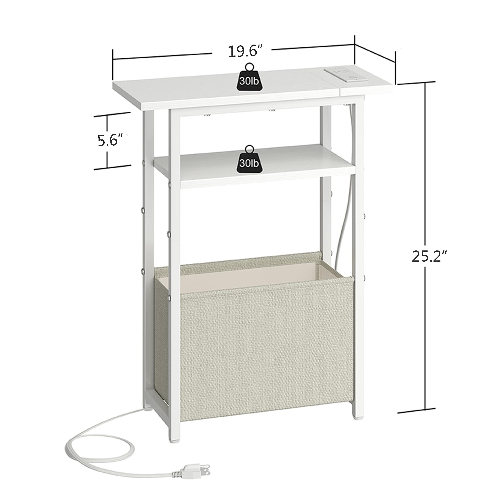 sthmec Narrow Side Table with Charging Station, Small End Table for Small Spaces, Skinny Nightstands with Storage Basket, 3 Tier Sofa Couch Bedside Tables for Living Room,Bedroom, White