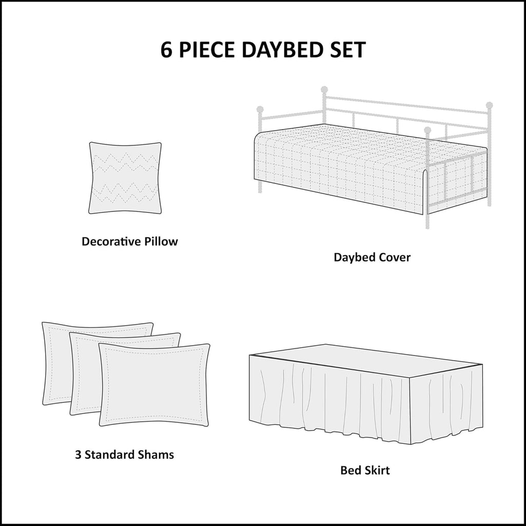Madison Park Daybed Cover Set Damask Quilted Cover for Daybeds, All Season, Pre-washed Cotton-Filled Coastal Bedding with Scallop Edge, Shams, Bedskirt, Décor Pillows, Tuscany, Cream, 39"x75", 6 Piece