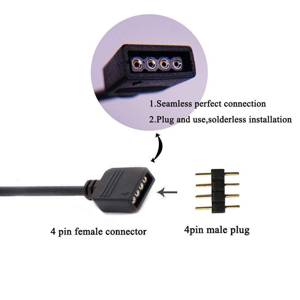 RGBZONE 2 Pack Black 4 Pins LED Splitter Cable Strip Connector 2 Way Splitter Y Splitter for 1 to 2 RGB 5050 3528 LED Light Strips with 6 x Male 4 Pin Plugs (11.8")