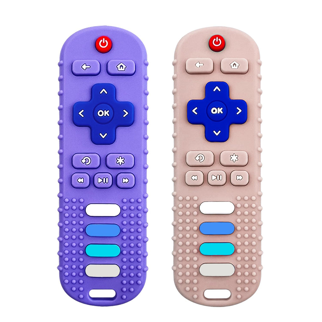 ROBBEAR Baby Teething Toys - Food Grade Silicone TV Remote Teether for 3-18 Months | BPA Free (Purple & Khaki)