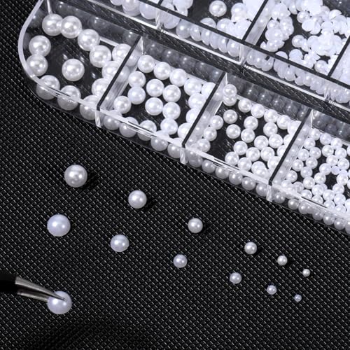 Nail Pearls 12 Grids Flatback White Pearl Charms for Manicure and DIY Crafts