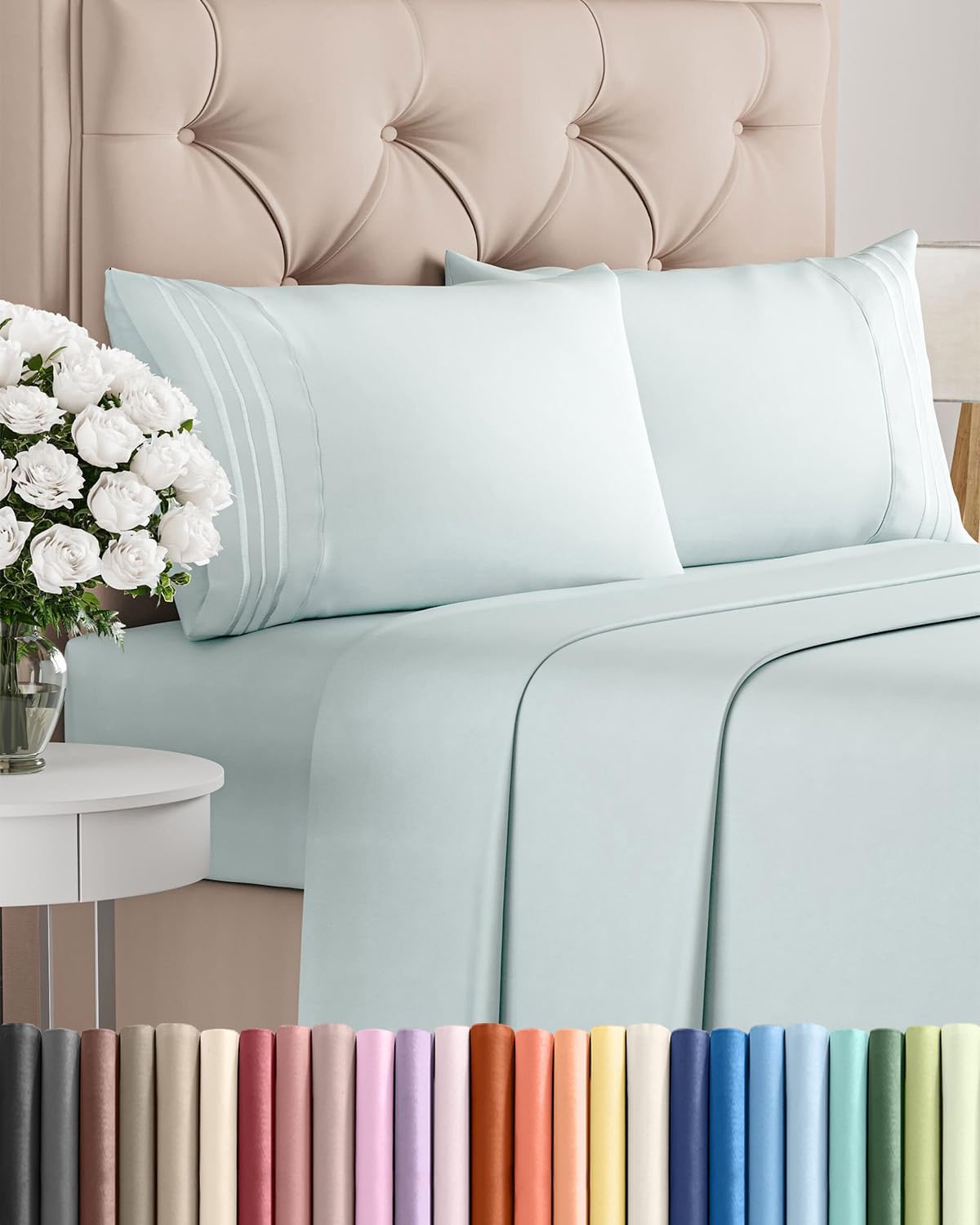 Queen Size 4-Piece Sheet Set | Skiennix Comfy Cooling Bed Sheets - Ultra-Soft, Wrinkle-Free, Deep Pockets - Ice Blue