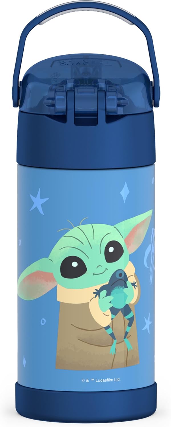 THERMOS FUNTAINER Water Bottle - 12 Ounce Kids Stainless Steel Vacuum Insulated with Straw | Mandalorian The Child