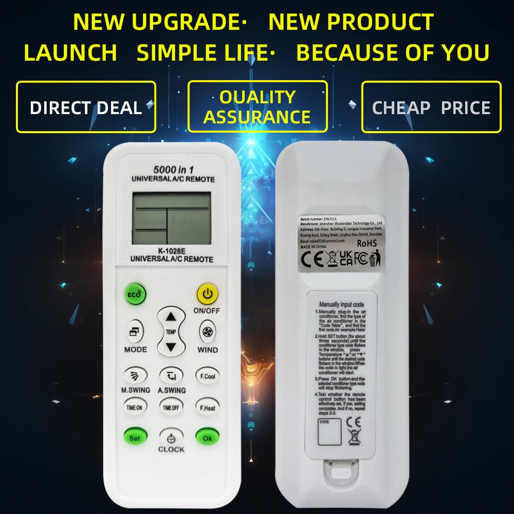 Universal AC Remote Control, 5000-in-1 Multi-Brand Compatible, K-1028E Model, LCD Display