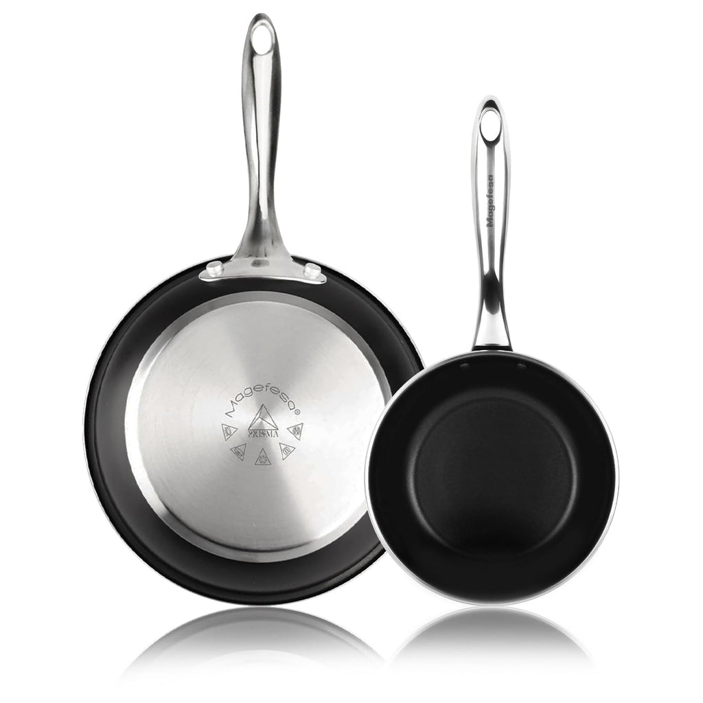 Magefesa Prisma Frying Pan Set, 7.9" & 11", 18/10 Stainless Steel, Triple-Layer Nonstick, Works on All Stovetops Including Induction, Oven Safe to 392°F, Dishwasher Safe, Durable Cooking Skillets