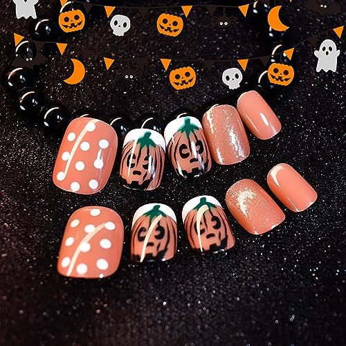 LINSSQ Halloween Short Squoval Press On Nails Witchy Orange Fake Nails