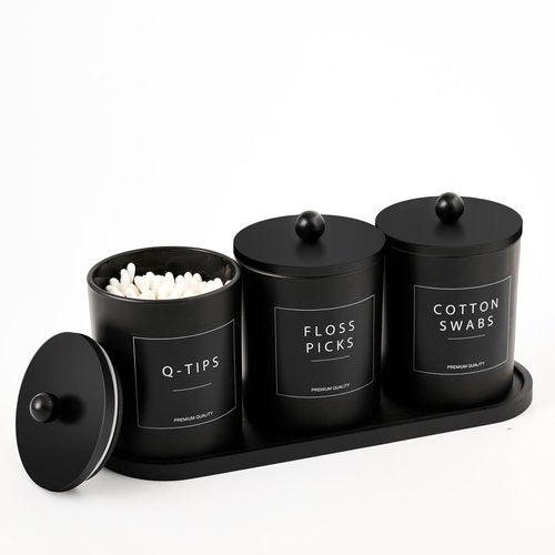 Glass Qtip Holder for Bathroom, Black Cotton Round Holder Swab Pad Dispenser with Lids, Floss Pick Holder with Bamboo Tray, Apothecary Jars with Scoop, Set of 3