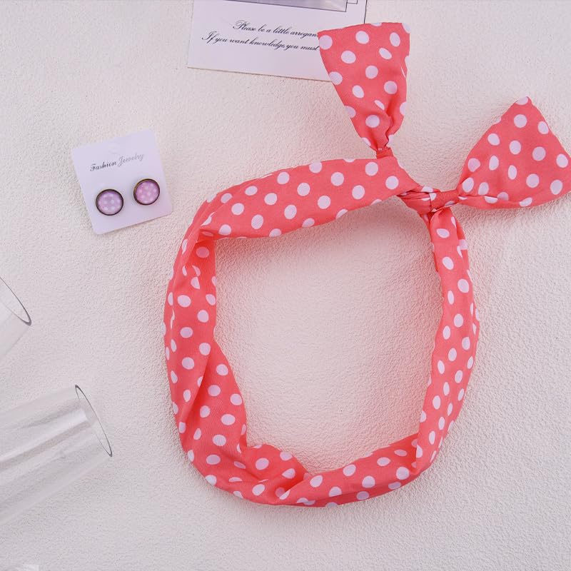 50s Pink Polka Dot Bow Headband and Retro Earrings Costume Set