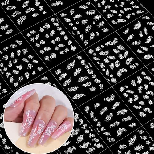 Umillars 30 Sheets White Flower Nail Stickers 3D Self-Adhesive Floral Decals