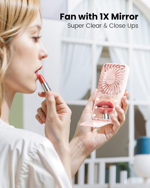 Gaiatop Portable Handheld Fan, 3 Speed LED Makeup Mirror with Light, Folding Stand for Desktop, Rechargeable Mini Personal Fans Small Travel Essentials Gifts for Women Girls