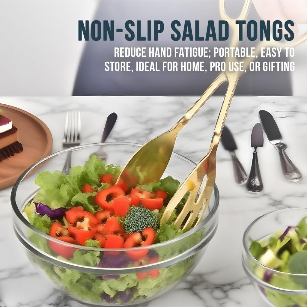 Salad Tongs - Premium Stainless Steel Scissor-Style Serving Utensils | Non-Toxic, Heat-Resistant, 2-Pack (Gold)