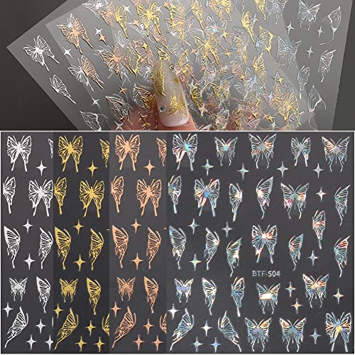 3D Butterfly Nail Art Stickers - 8 Sheets Gold & Holographic Decals