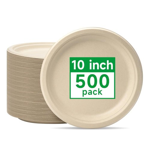 RACETOP Compostable Paper Plates 10 Inch [500 Pack], Disposable Biodegradable Heavy Duty Paper Plates, Made of Natural Sugarcane Fibers, Unbleached Brown, Round