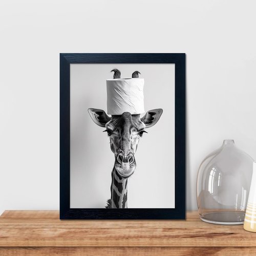 Giraffe Bathroom Wall Art - Funny Black and White Decor with Toilet Paper Roll | Framed Canvas Print