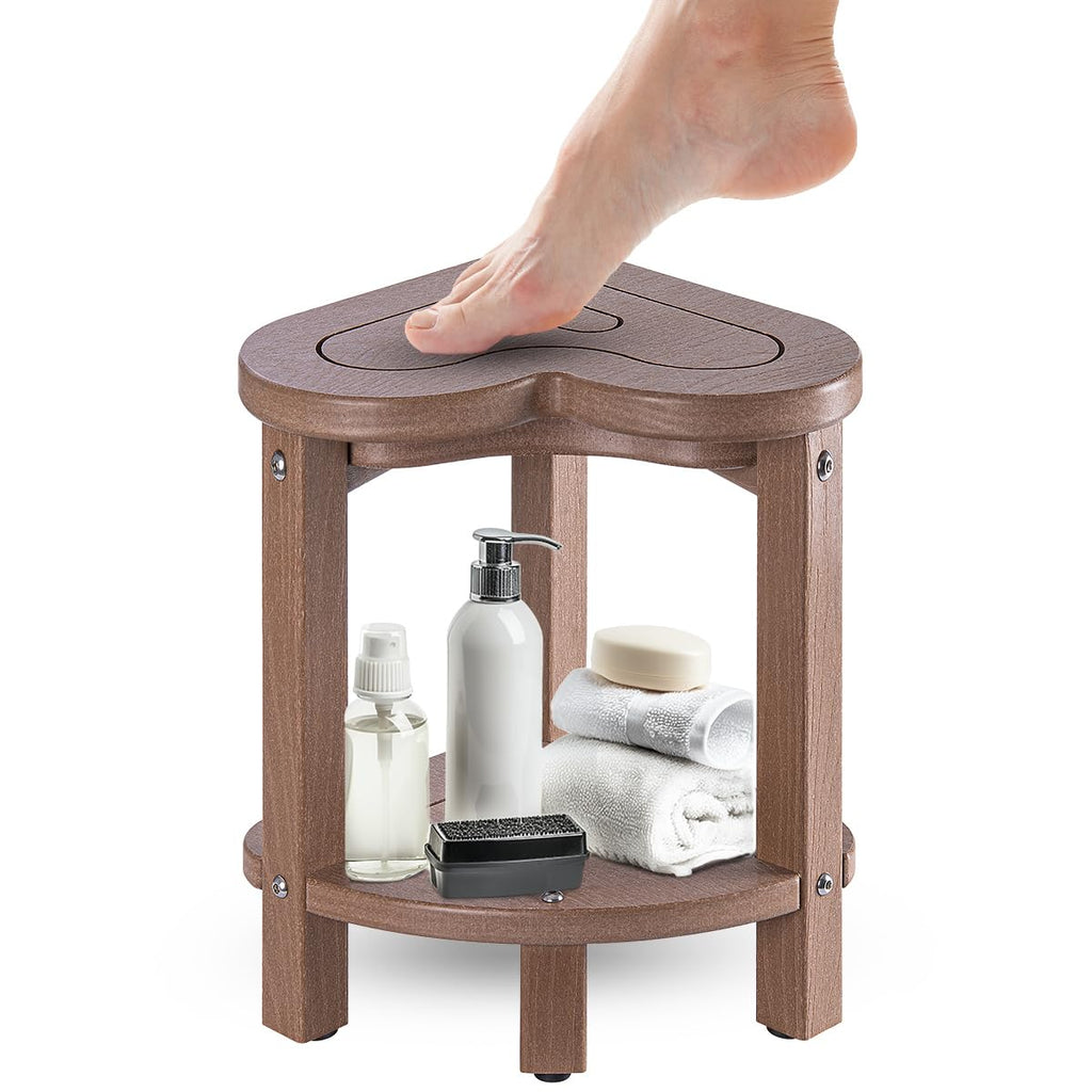 Corner Shower Stool for Inside Shower - Waterproof Corner Shower Bench, HDPE Plastic Bathroom Bench, Adjustable Height Corner Chair for Shaving Legs,Storage Shelf,Non-Slip Feet，White