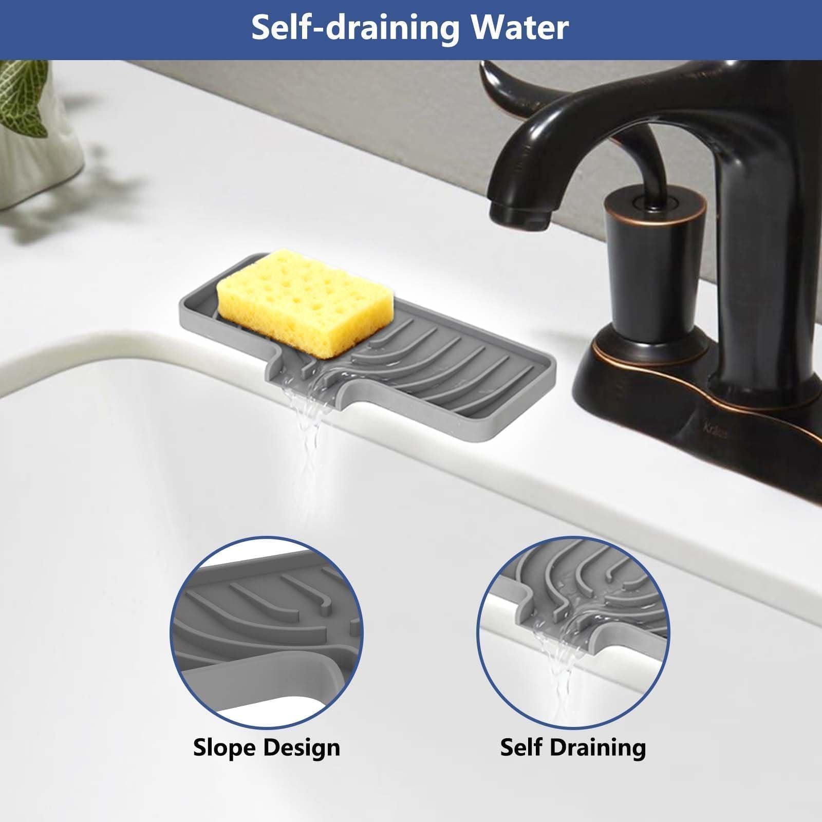 Silicone Sponge Holder for Kitchen Sink With Drain Spout, Self Draining, Kitchen Soap Tray, Bathroom Organizer, Sink Caddy (Gray, 10×4)