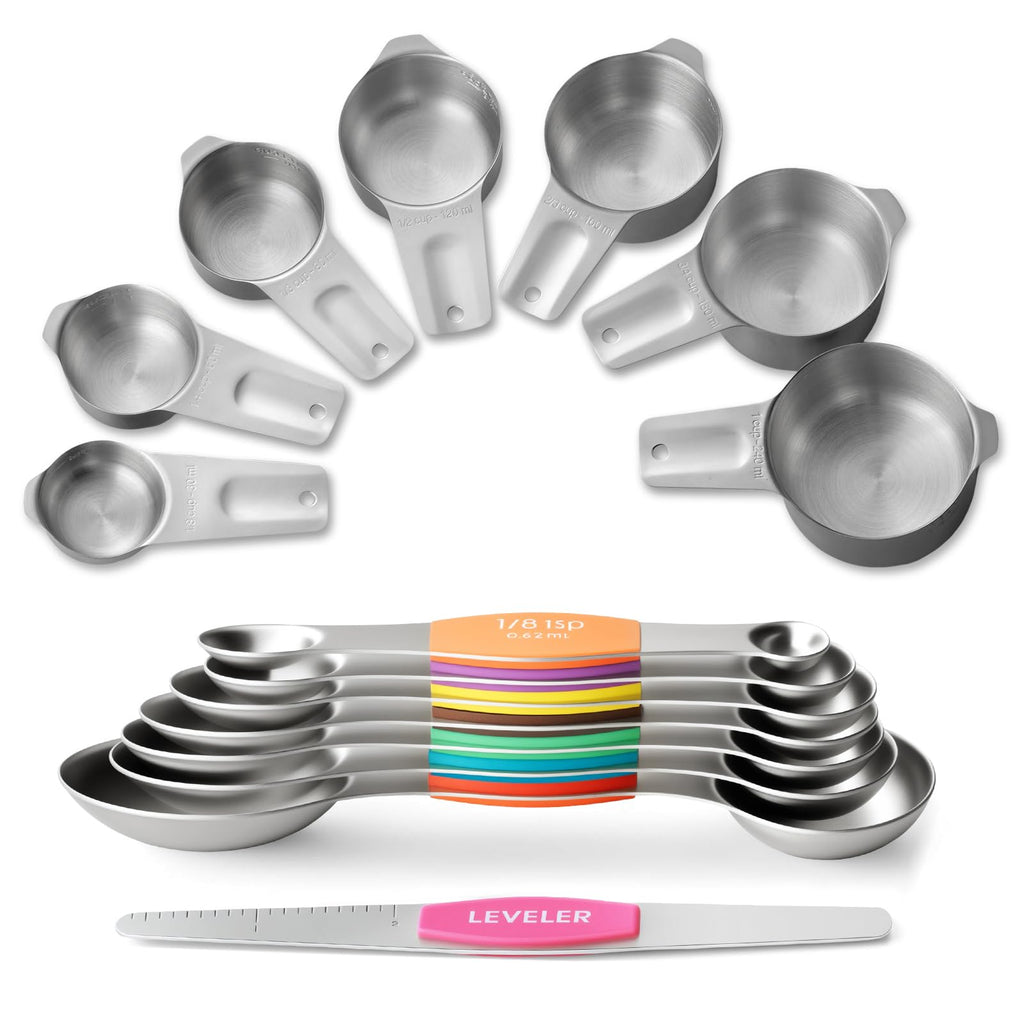 Stainless Steel Measuring Cups & Spoons Set, EWFEN Kitchen Tools Nesting Measuring Cups and Spoons, Fits in Spice Jars for Baking & Cooking, BPA Free, Set of 15 with Leveler, Multicolor