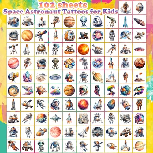 102 Pcs Space Temporary Tattoos for Kids Astronaut Planet Rocket Party Favors