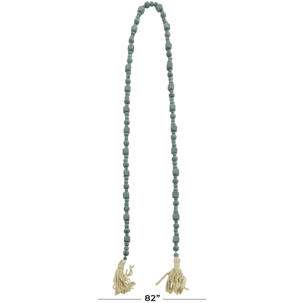Deco 79 Mango Wood Handmade Hexagon Carved Geometric Long Beaded Garland with Tassel, 80" x 1" x 1", Blue